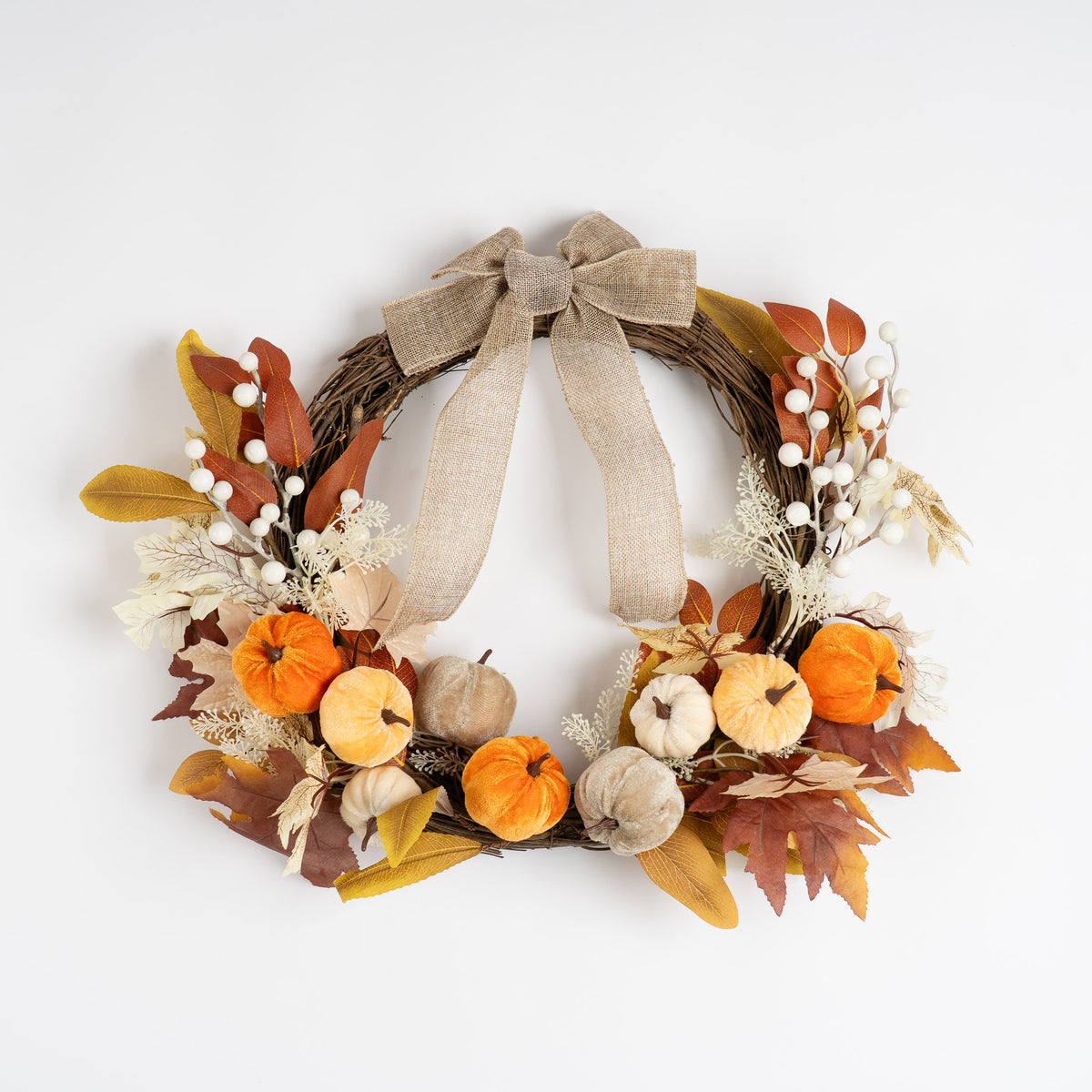50cm Neutral Velvet Pumpkins Half Wreath