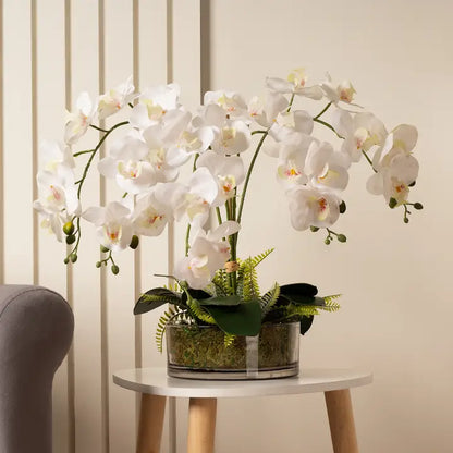 55cm Real Touch 5-Stem Orchid with Fern in Glass Pot