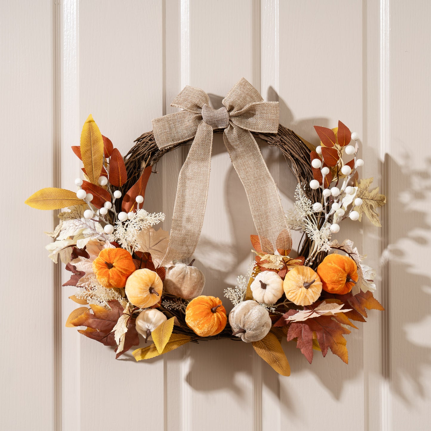 50cm Neutral Velvet Pumpkins Half Wreath