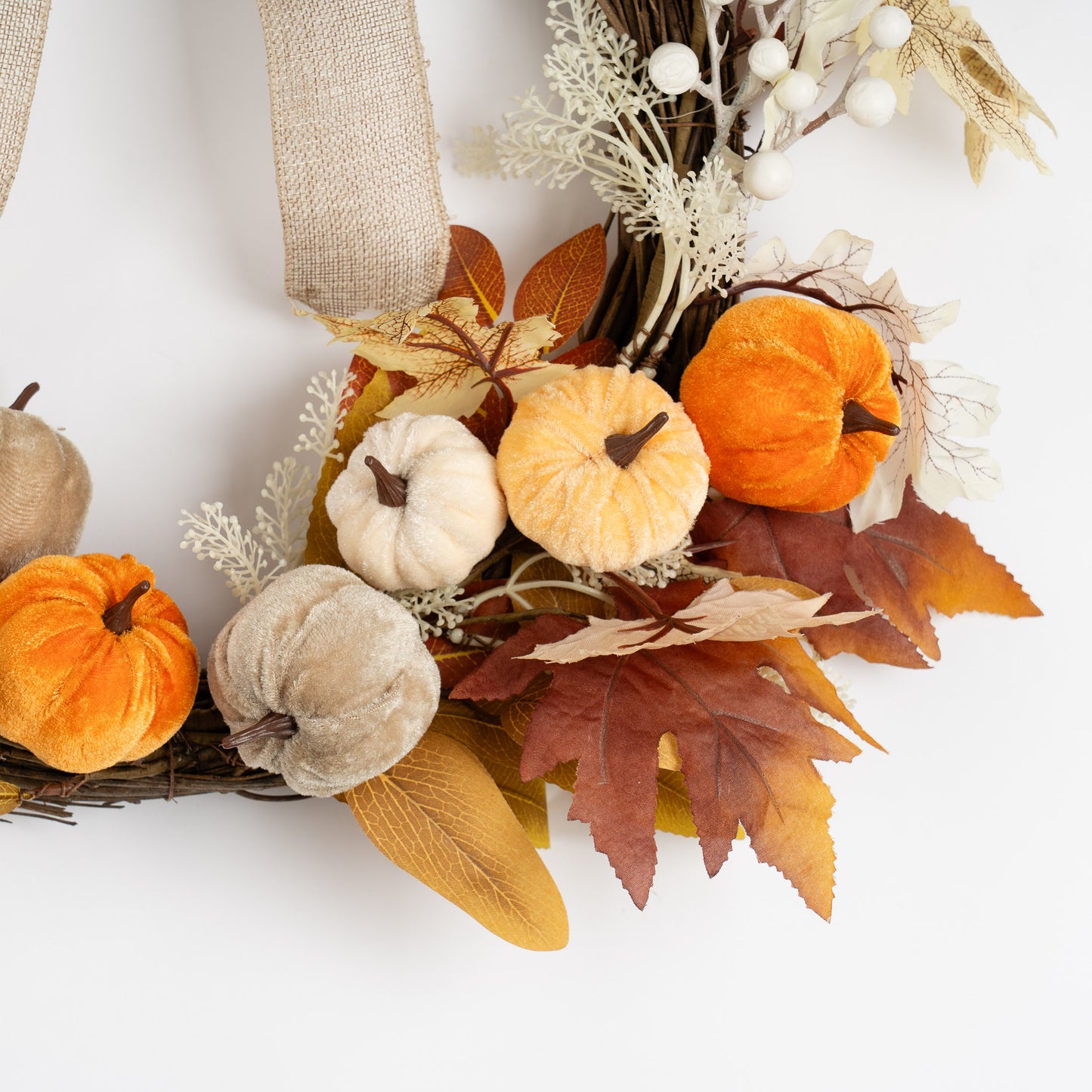 50cm Neutral Velvet Pumpkins Half Wreath
