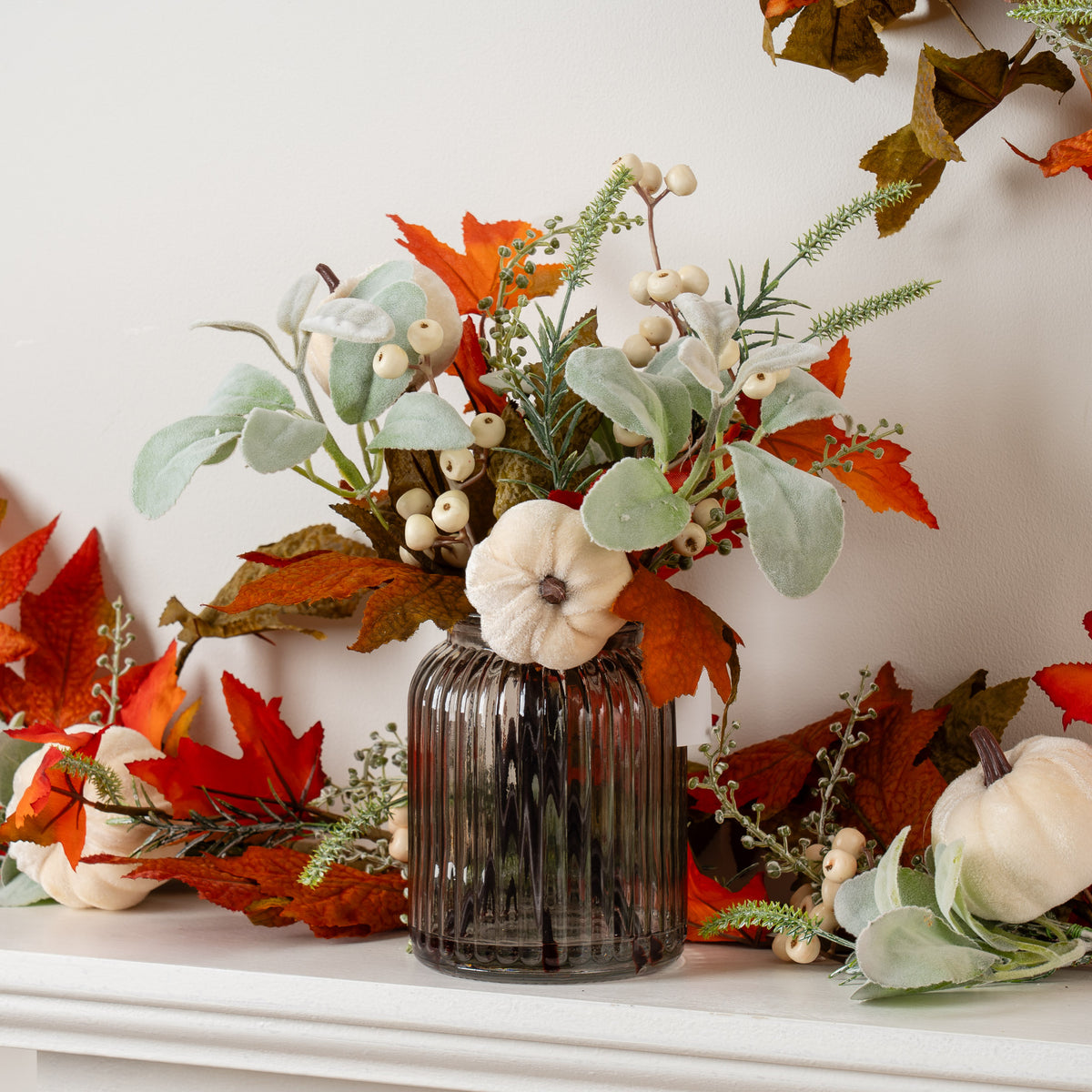 33cm Green/Orange Pumpkin Arrangement in Glass Vase