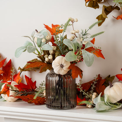 33cm Green/Orange Pumpkin Arrangement in Glass Vase