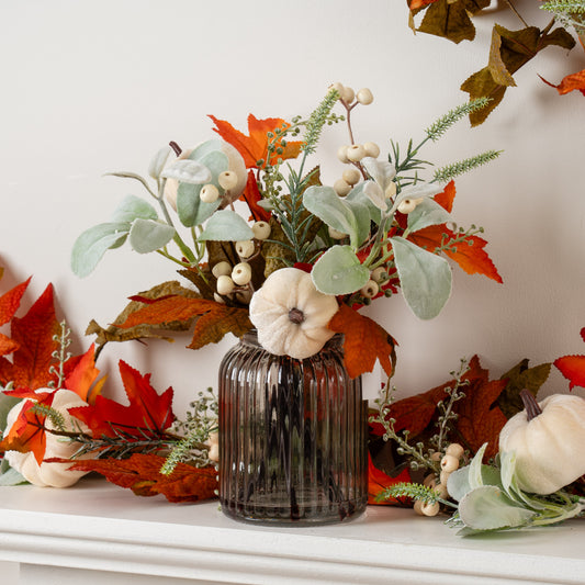 33cm Green/Orange Pumpkin Arrangement in Glass Vase