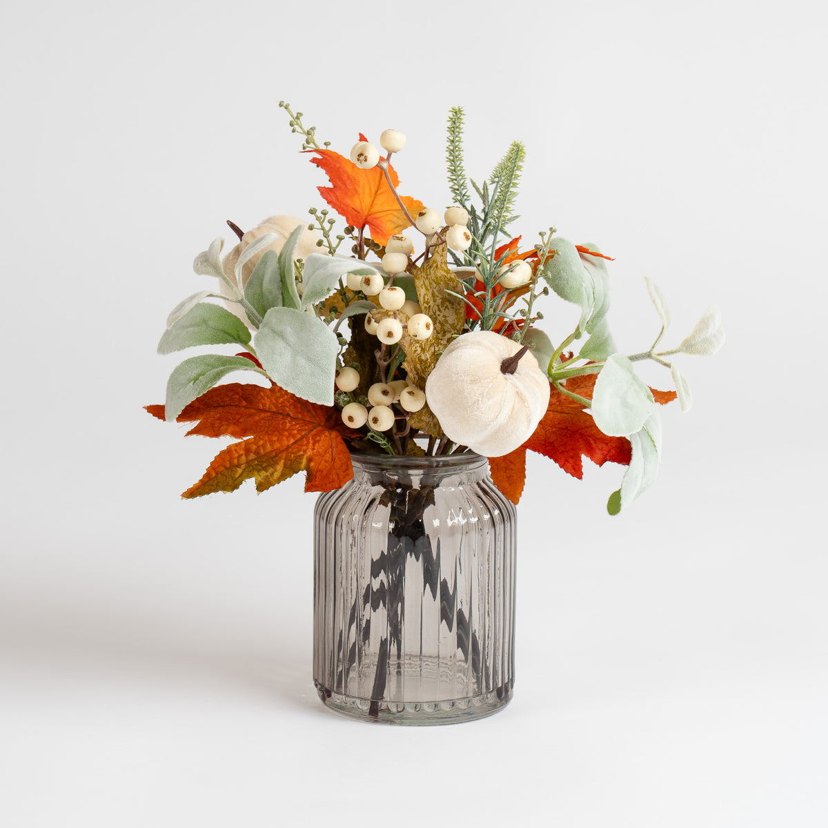 33cm Green/Orange Pumpkin Arrangement in Glass Vase
