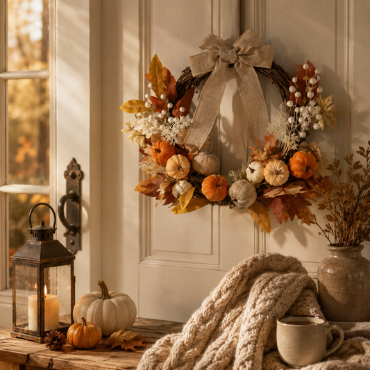 50cm Neutral Velvet Pumpkins Half Wreath