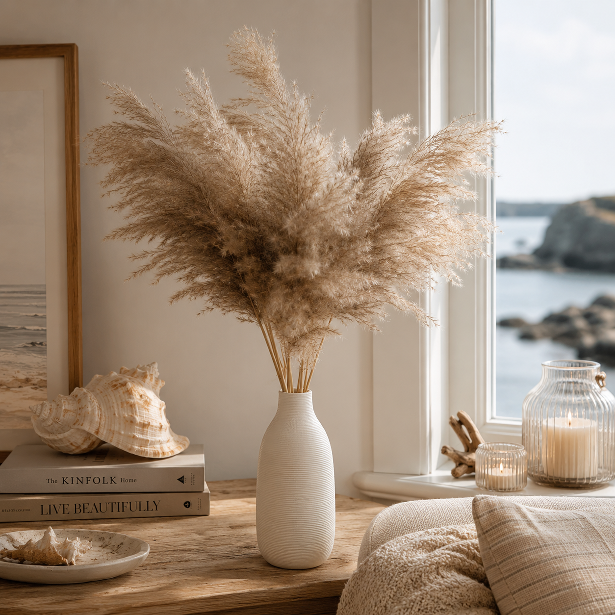 90cm Natural Pampas in Ribbed Ceramic Vase