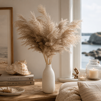 90cm Natural Pampas in Ribbed Ceramic Vase