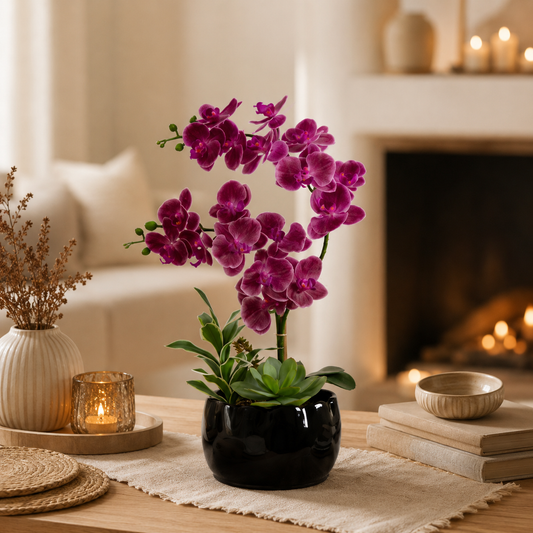 60cm Pink Orchid in Black Ceramic Pot